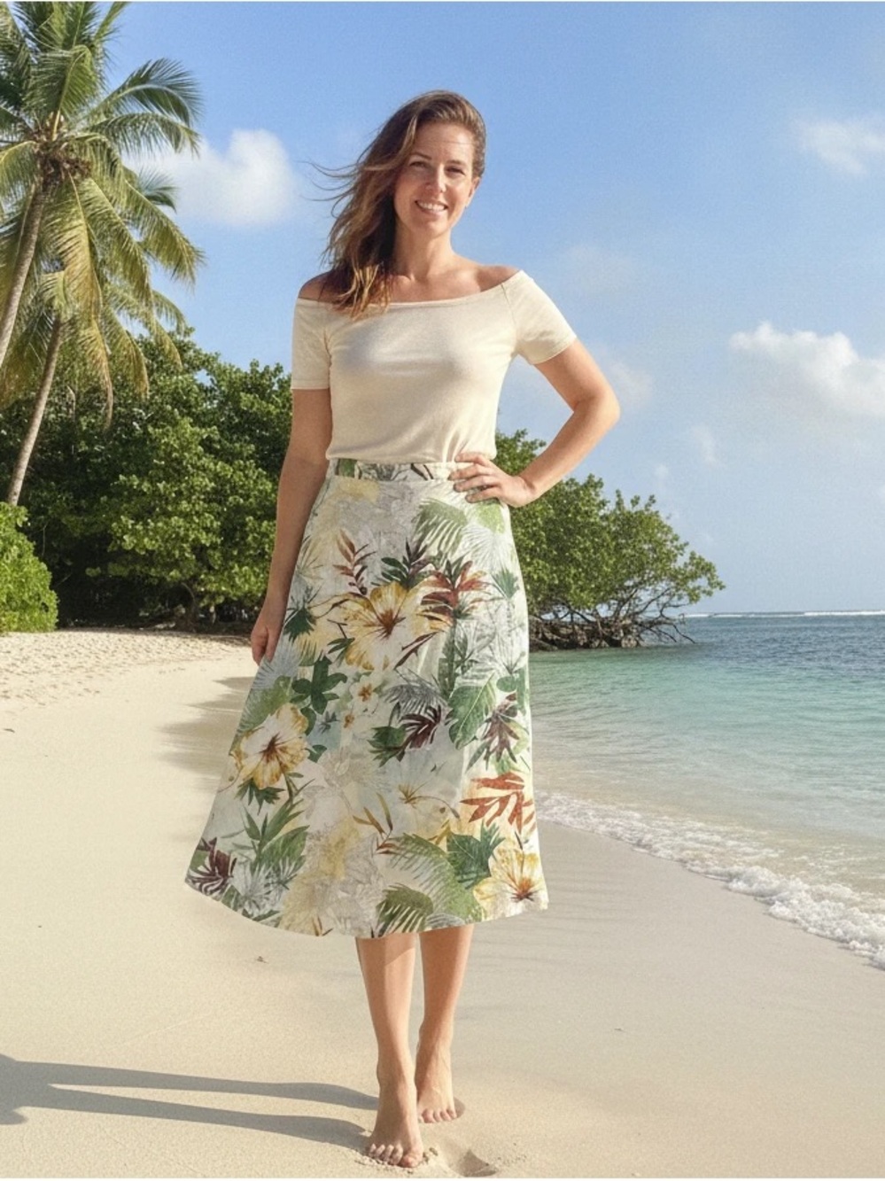 Koret Women’s Linen Blend Tropical Floral Midi Skirt. Size Small
